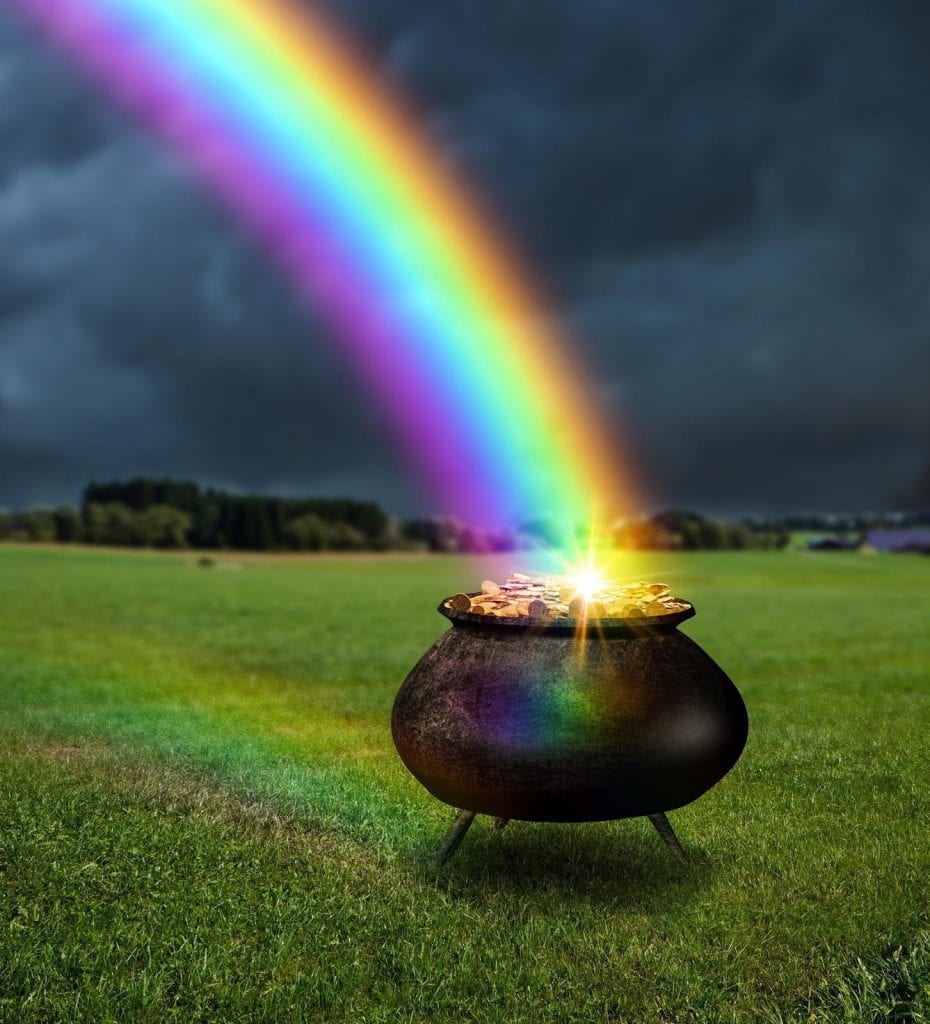 Veel folkloristische verhalen vertellen over een pot met goud aan het einde van de regenboog.