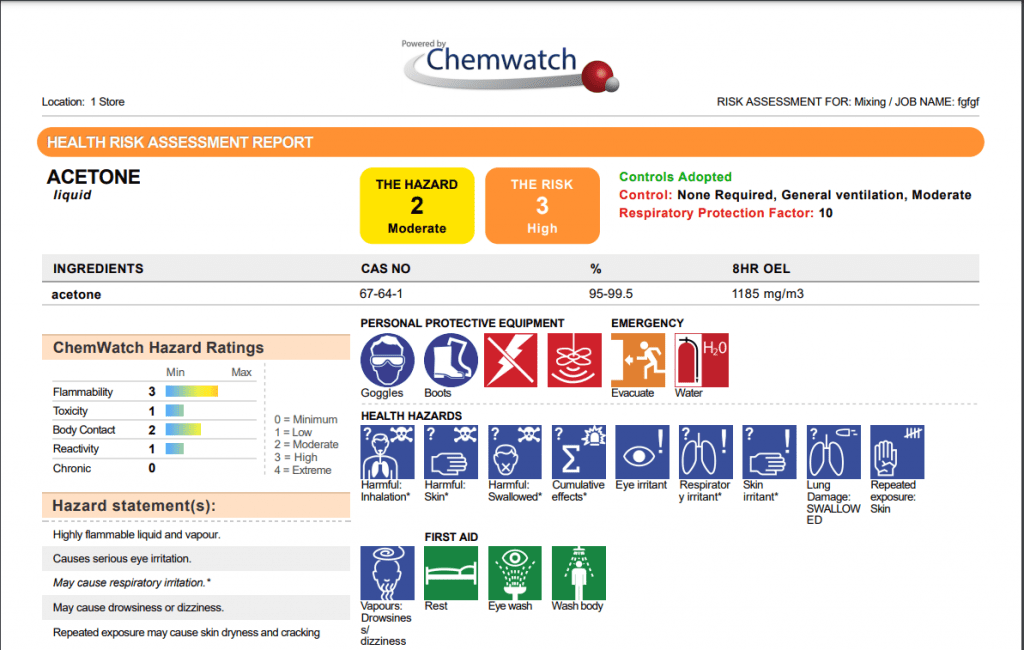 Una sección de ejemplo de un Chemwatch evaluación de riesgos de una página.