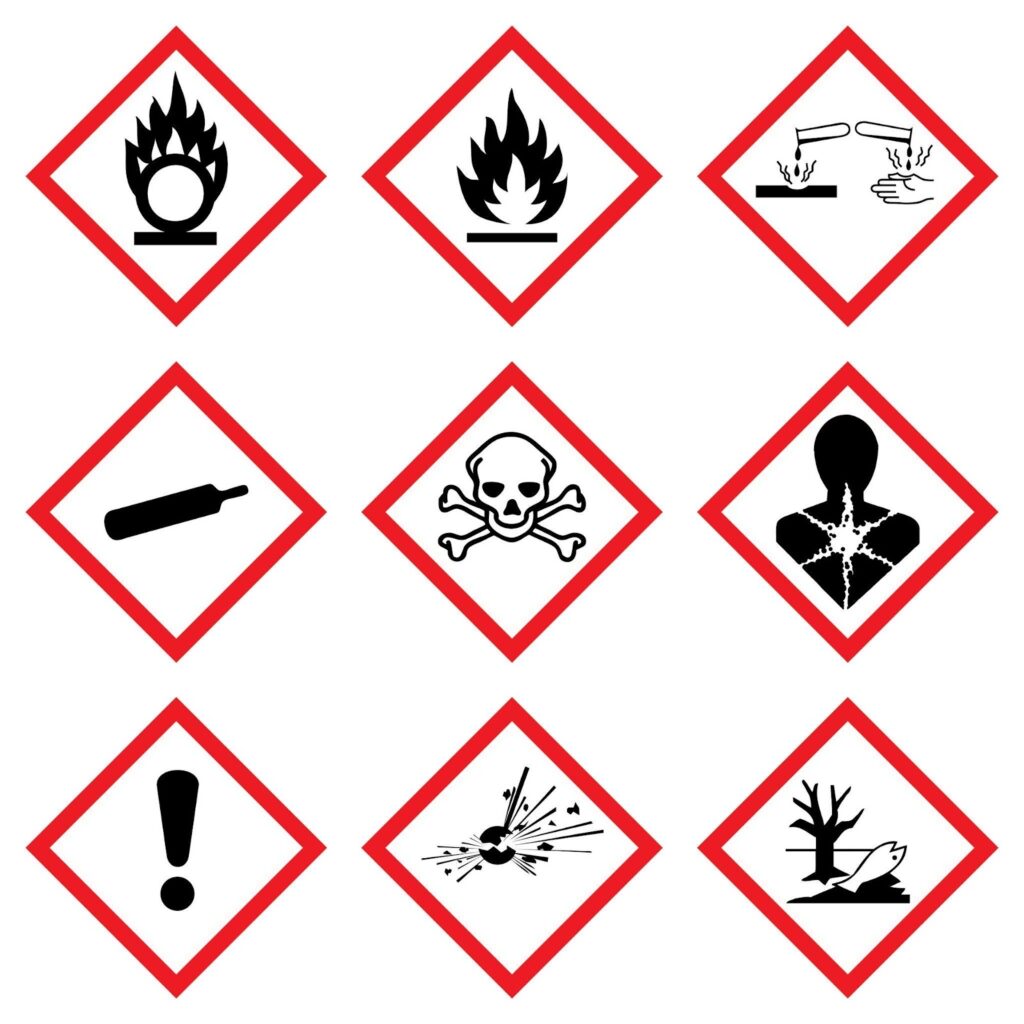 जीएचएस चित्रलेख रसायनों के संभावित स्वास्थ्य खतरों का संकेत देते हैं।