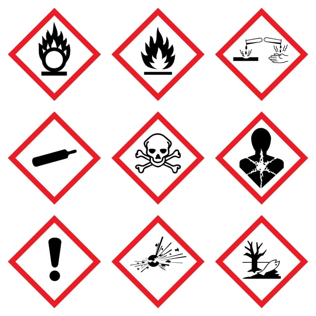 Os pictogramas do GHS indicam os riscos potenciais para a saúde dos produtos químicos.